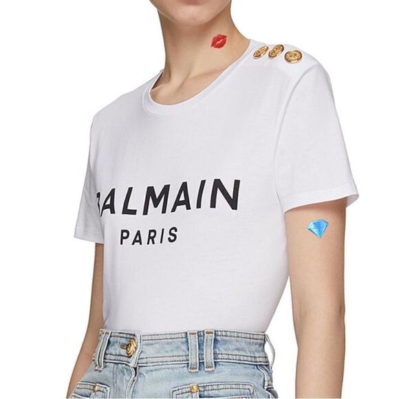 Balmain Paris Essential White Cotton Flocked Logo Button Detail Tee Shirt Large - Picture 1 of 13
